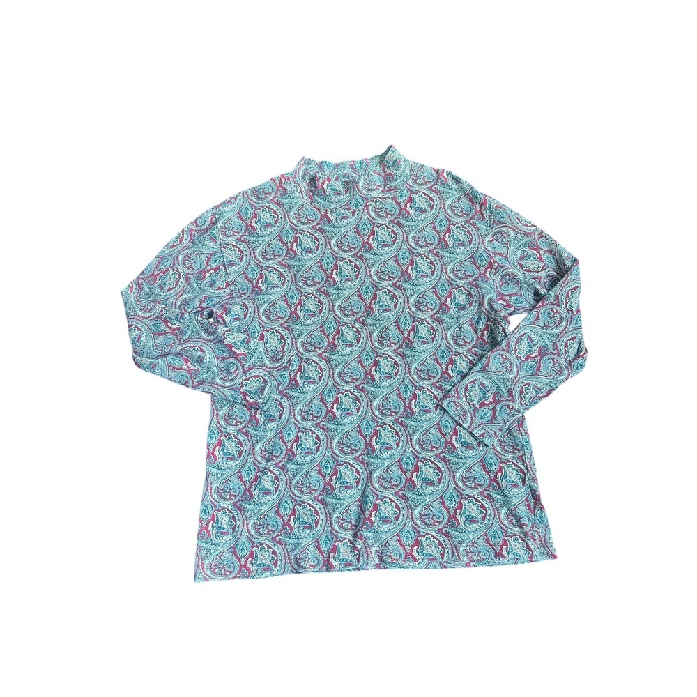 Hunt Club Women Mock Neck Long Sleeve Paisley Print Top Medium Vintage Red Green